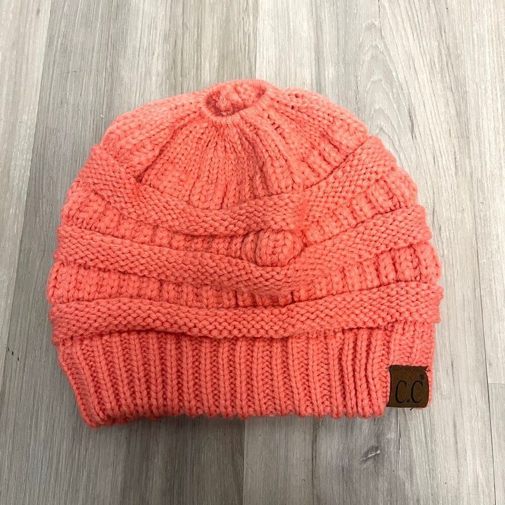 C.C Peachy Orange-Pink Ponytail Cable Knit Winter Beanie Hat‎